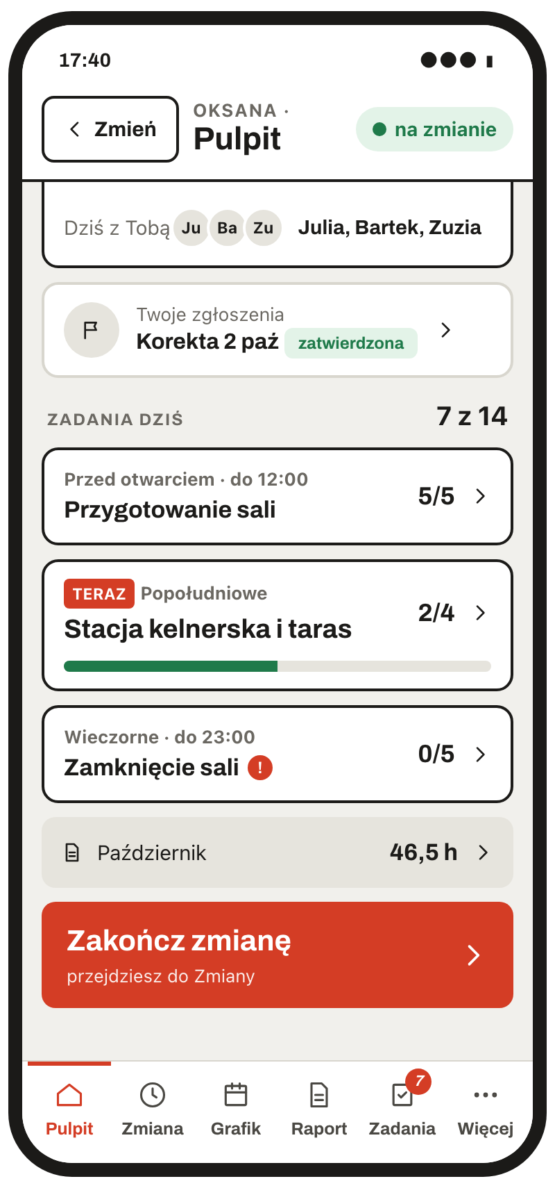 Telefon kelnerki w trakcie zmiany: zadania na dziś, kto pracuje obok, przycisk Zakończ zmianę